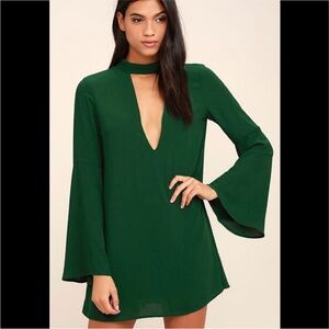 NWT Lulu's Small Hunter Green Deep V-Neck Dress Bell Sleeves